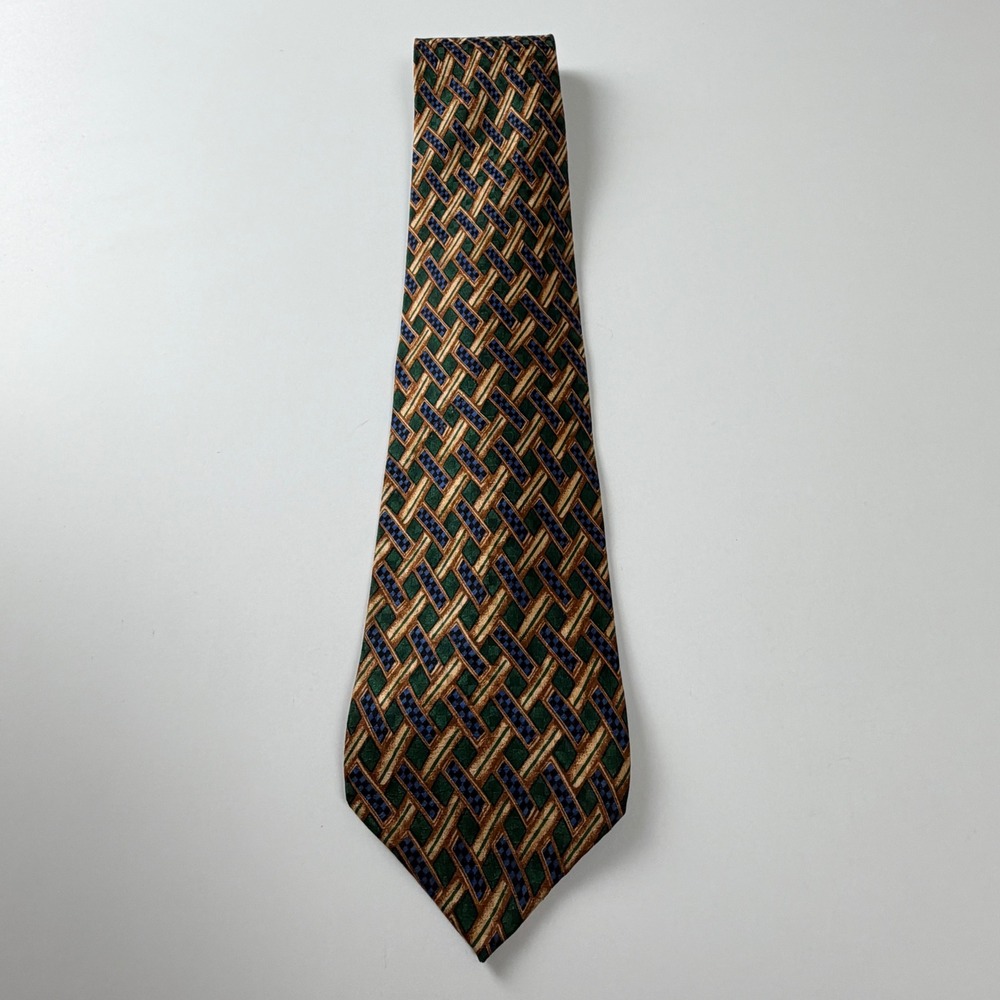Neiman Marcus Silk Tie Green Gold Geometric Basketweave Handmade Spain